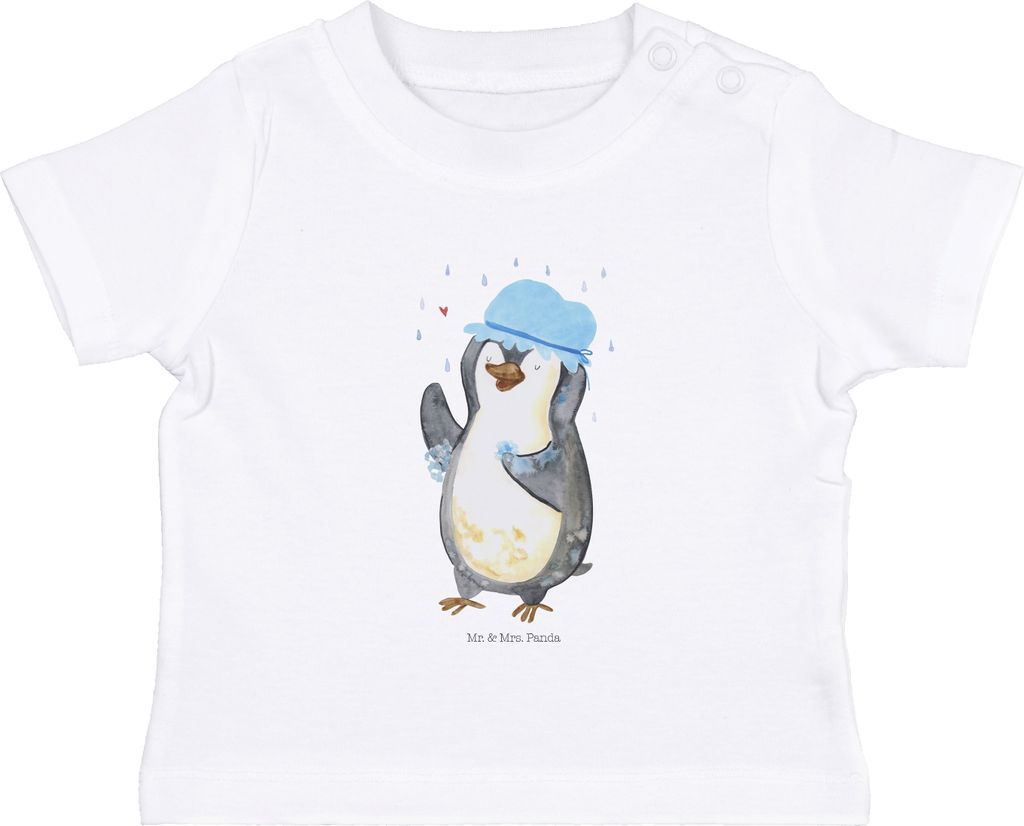 Mr. & Mrs. Panda Organic Baby Shirt Pinguin Duschen 6. - 12. Monat - Weiß - Geschenk, Öko T-Shirt, Pinguine, Duschkonzert, Babyshirt, Kinder, , D...