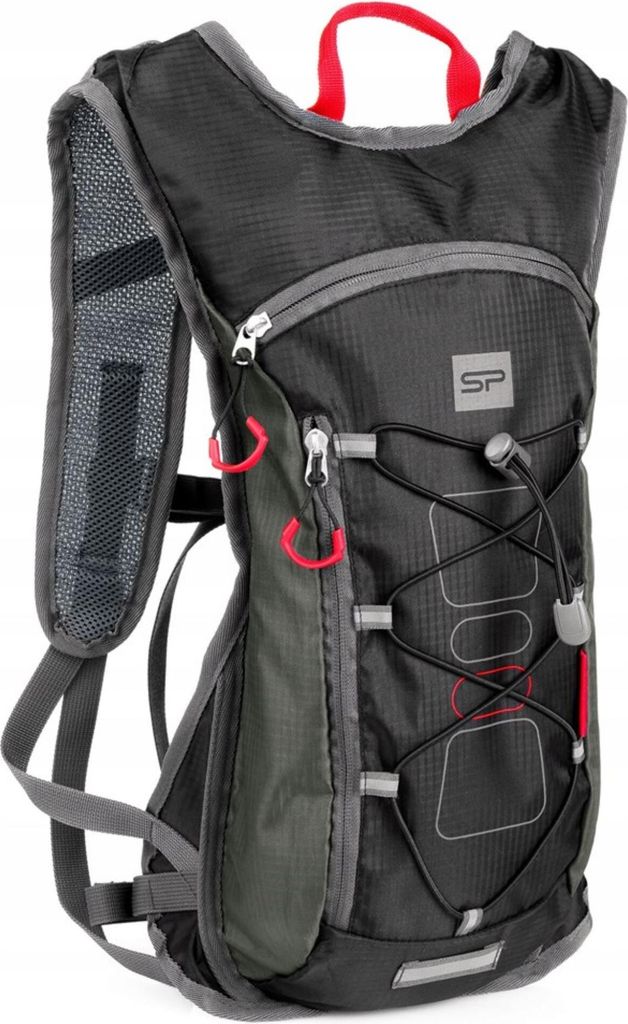 A black and gray backpack with red accents.