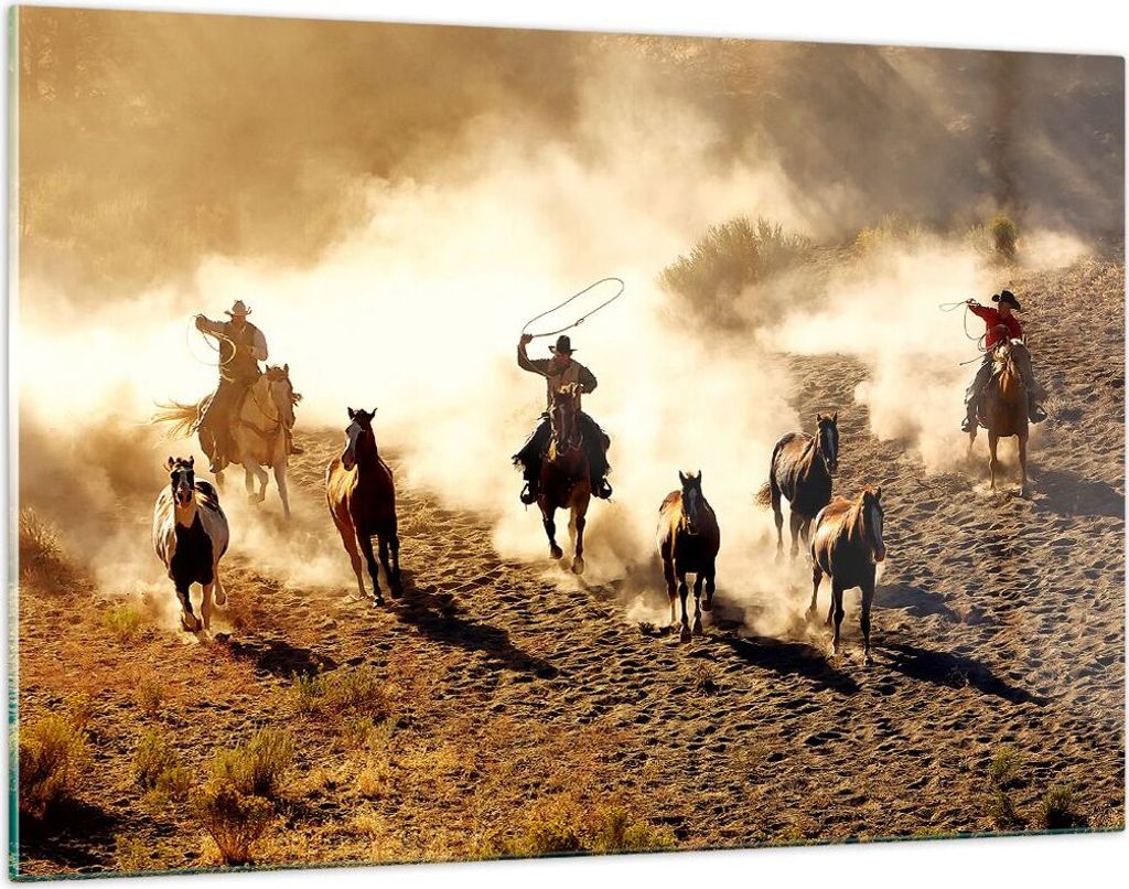 Bilder auf glas - Cowboys Pferde Galopp - 120x80cm - Glasbilder - Wandbilder - Kunstdruck - zum Aufhängen bereit - Wanddekoration aus Glas - Glas ...