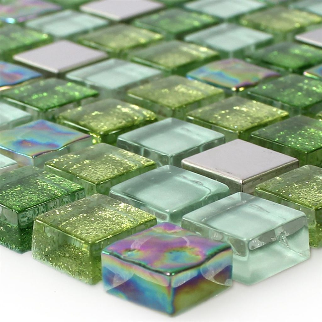 Glas Edelstahl Metall Mosaikfliesen Sokrates Grün Silber Produktbild 
