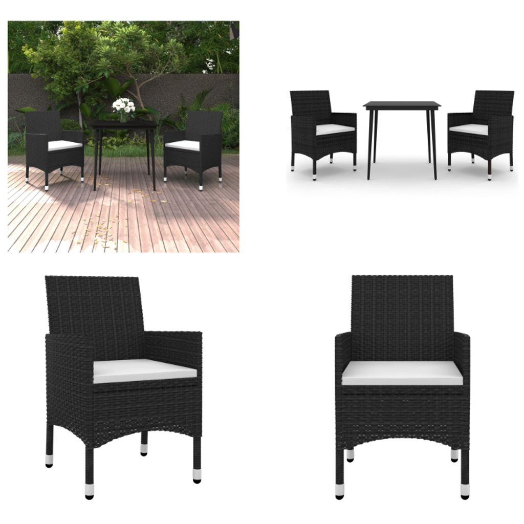 vidaXL 3 tlg. Garten Essgruppe mit Auflagen Poly Rattan und Glas - Garten-Essgruppe - Garten-Essgruppen - Outdoor-Essgruppe - Gartentisch Und Stuhl