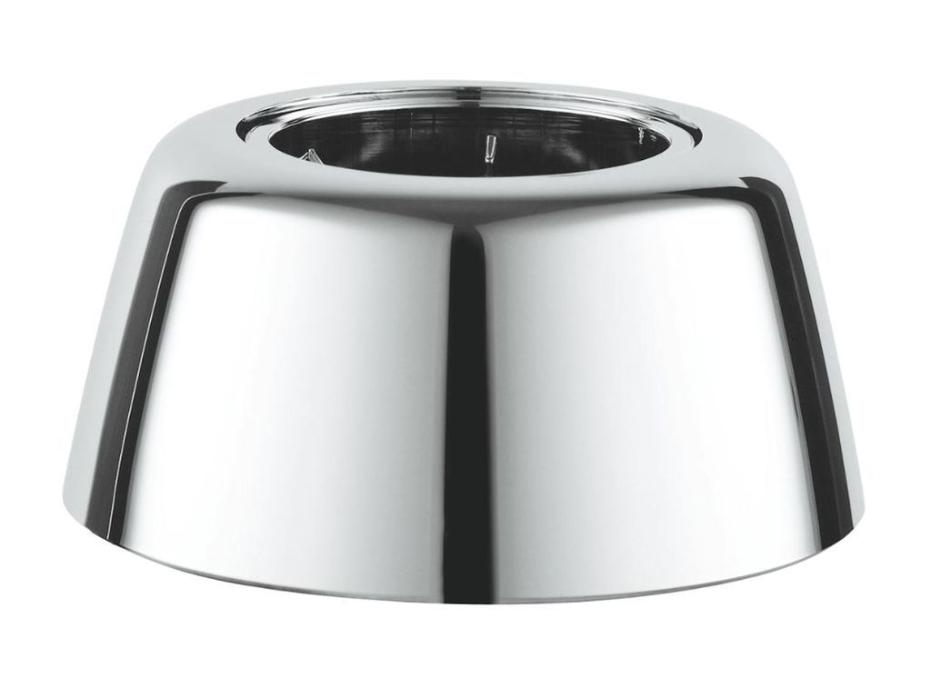 A chrome-plated escutcheon or rosette for a plumbing fixture.
