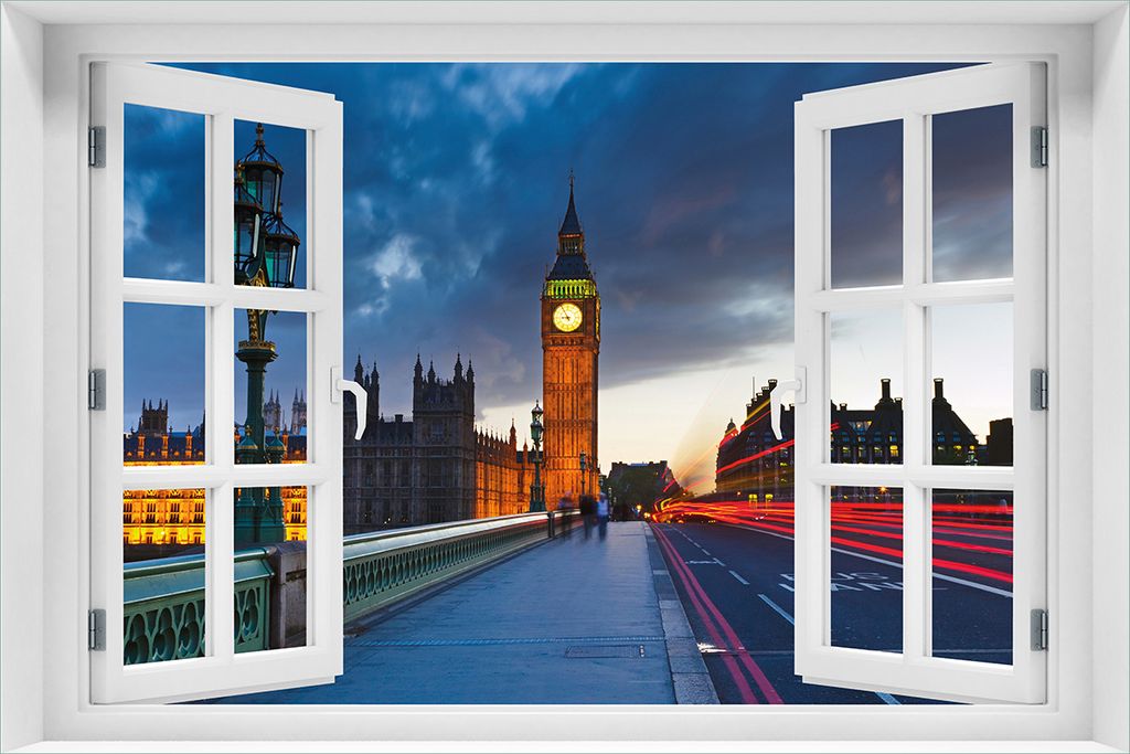 Wallario Poster mit Fenster-Illusion: London- Big Ben bei Nacht, Größe: 61 x 91,5 cm (Maxiposter)