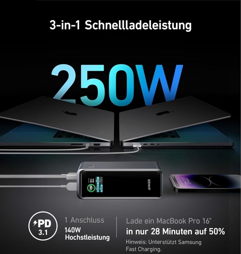 Anker Prime Power Bank (27650mAh, 250W)① Amazon.com: ANKER Prime Power Bank, 27,650mAh 3-Port 250W