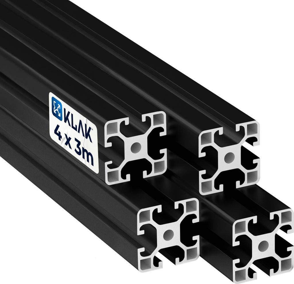 KLAK 40 - Aluprofil 4 Stück 40x40mm 3m System-, Montage-, Konstruktionsprofil Nut 8 schwarz