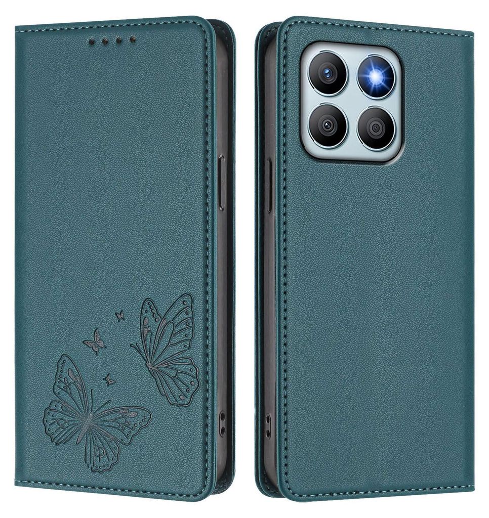 Lederhülle für Honor X8B, Schmetterling Prägung Leder Brieftasche Schutzhülle mit Ständer Grün