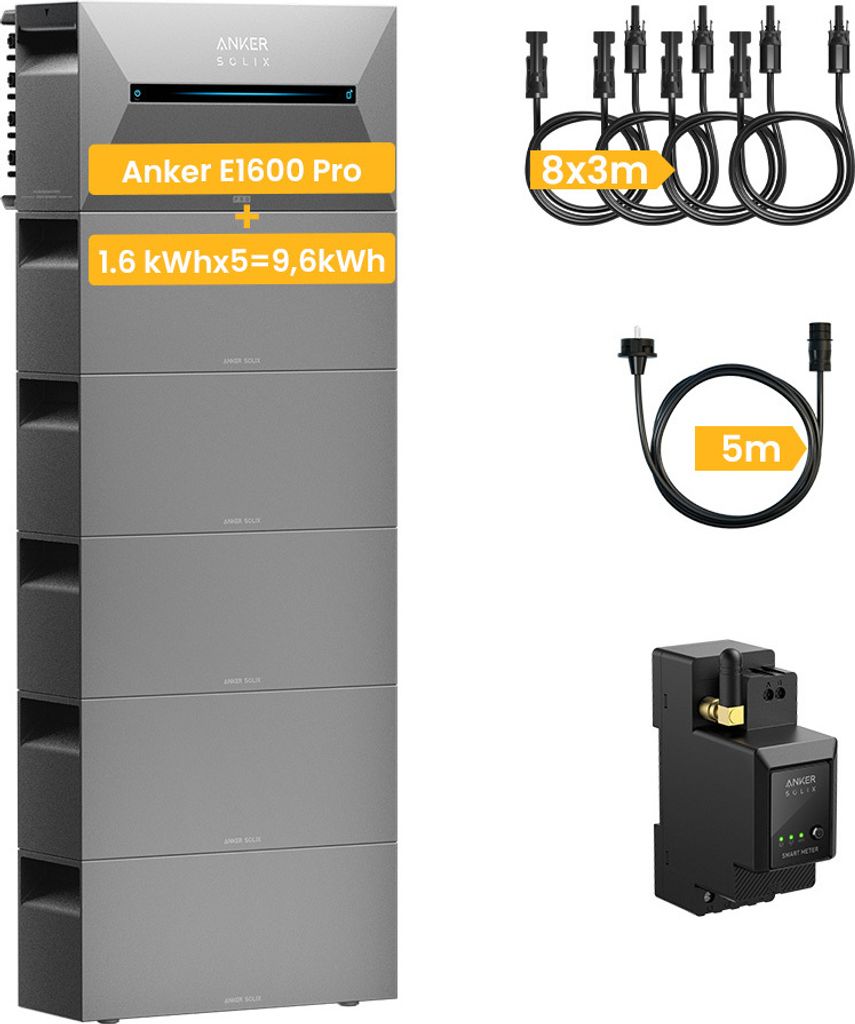 Balkonkraftwerk Speicher 9,6 kWh, Anker Solix Solarbank 2 E1600 Pro mit Erweiterungsakku x 5 und Anker SOLIX Smarten Zähler