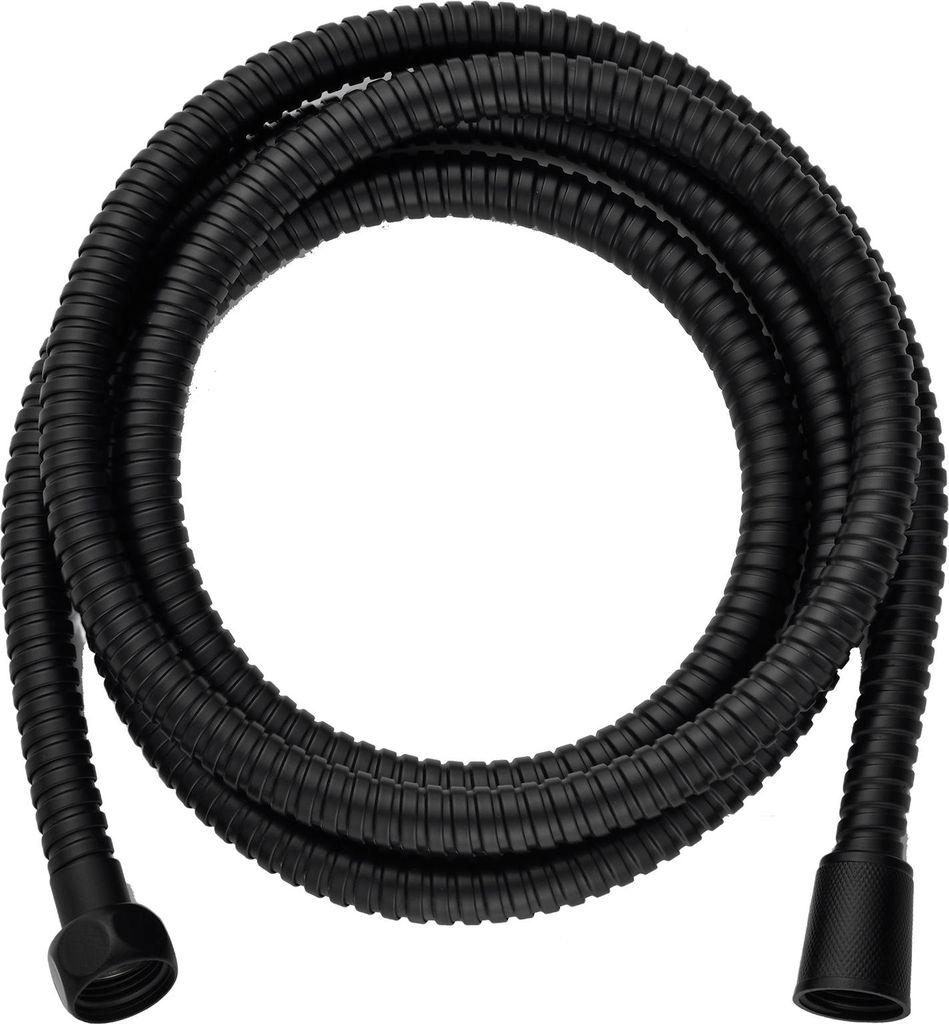 A black shower hose coiled on a white background.