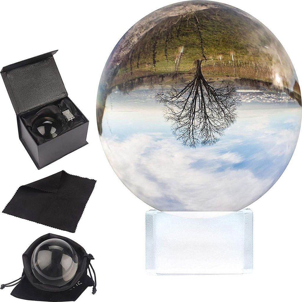 Belle Vous K9 Glaskugel 80mm - 8cm Fotokugel mit Kristall Ständer, Samt Tasche, Mikrofasertuch, Geschenkbox – Klare Kristallkugel Lensball für