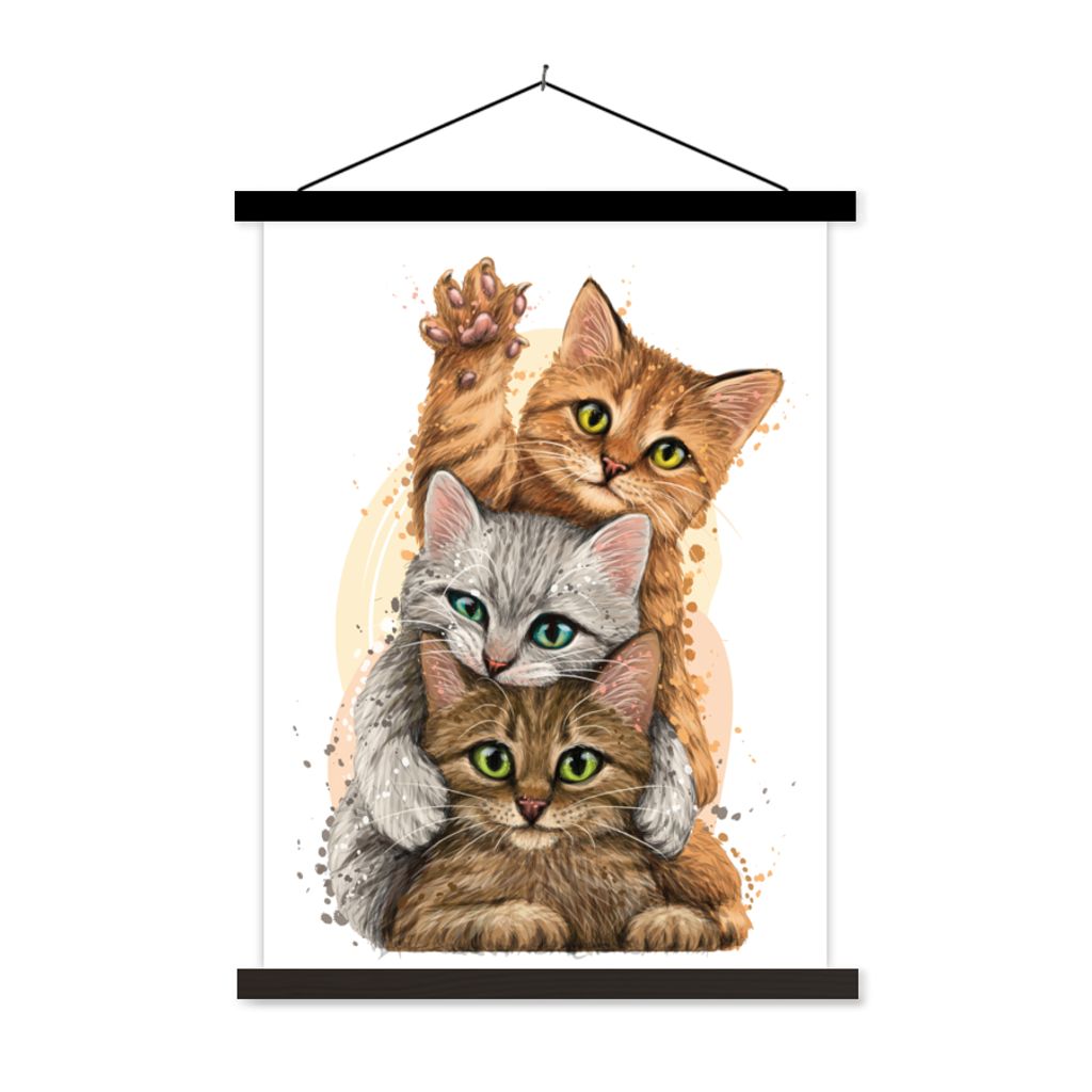 MuchoWow Textilposter Katzen - Illustration - Haustiere - Katze 120x160 cm mit schwarzem Rahmen - Magnetischer