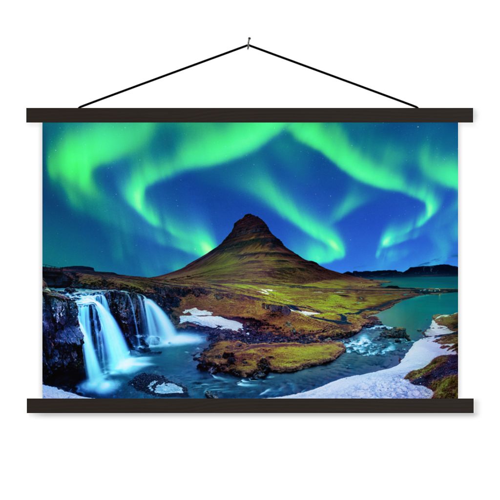 MuchoWow Textilposter Nordlicht - Sternenhimmel - Island - Berg - Grün - Wasserfall - See 60x40 cm mit schwarzem Rahmen - Hölzernes