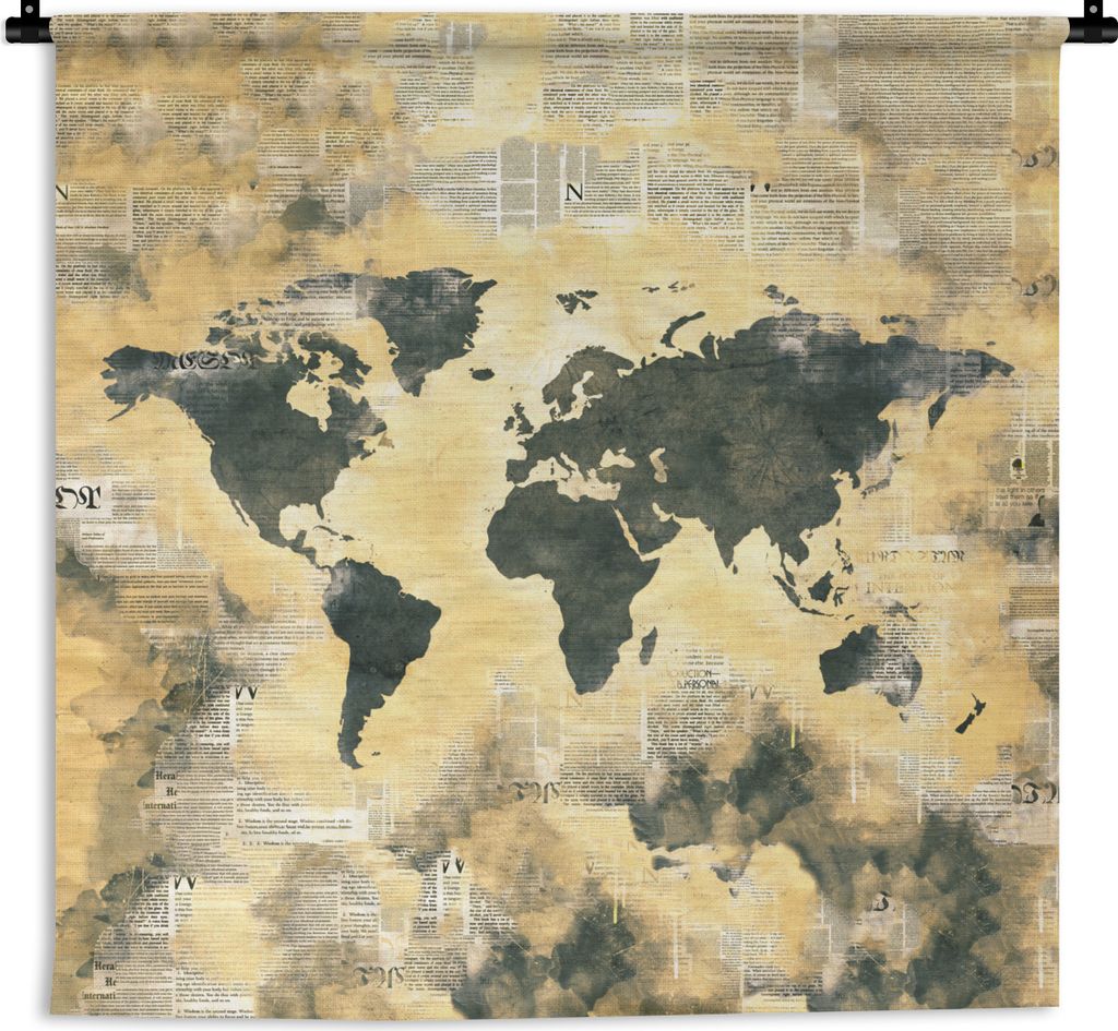 MuchoWow Wandteppich Wandbehang Weltkarte - Vintage - Zeitungen 150x150 cm Tapisserie Dekoration Wandtuch - Wohnaccessoires - Modernes