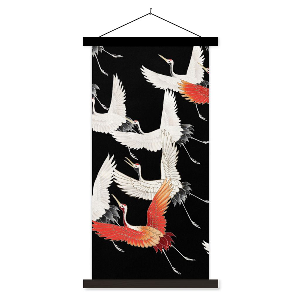 MuchoWow Textilposter Japandi - Kranich - Rot - Weiß 60x120 cm mit schwarzem Rahmen - Magnete