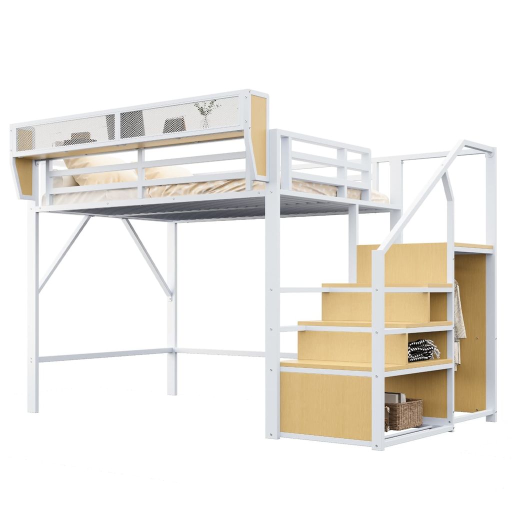 Hochbett,Etagebett(Weiß,140x200cm) mit Sicherheitsleiter und flexiblem Staufach, Metallbett Erwachsenenbett Kinder-Etagenbett