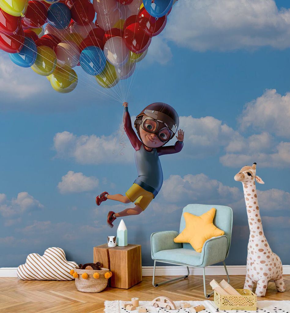 Fototapete Fliegender Junge mit Luftballons am Himmel, Material:Superior Vlies 350g/qm, Größe Tapete:390 x 260cm