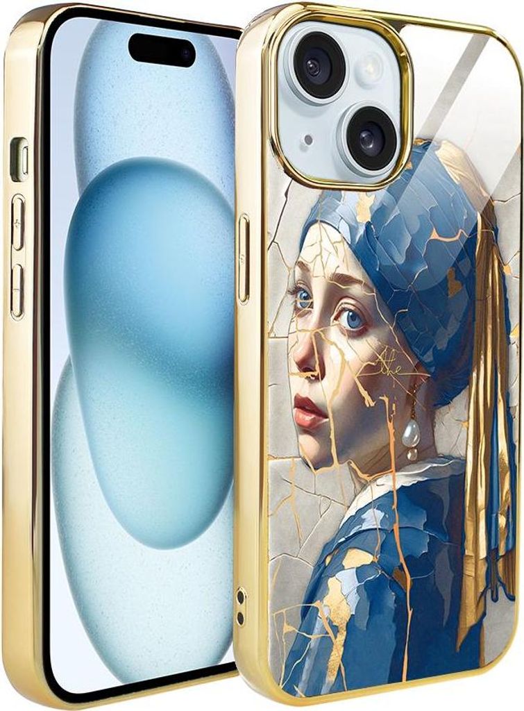 IBIZU Elite Glass iPhone 15 Hülle, Glasrückseite, Kintsugi Art, Frau mit einer Perle, Gold
