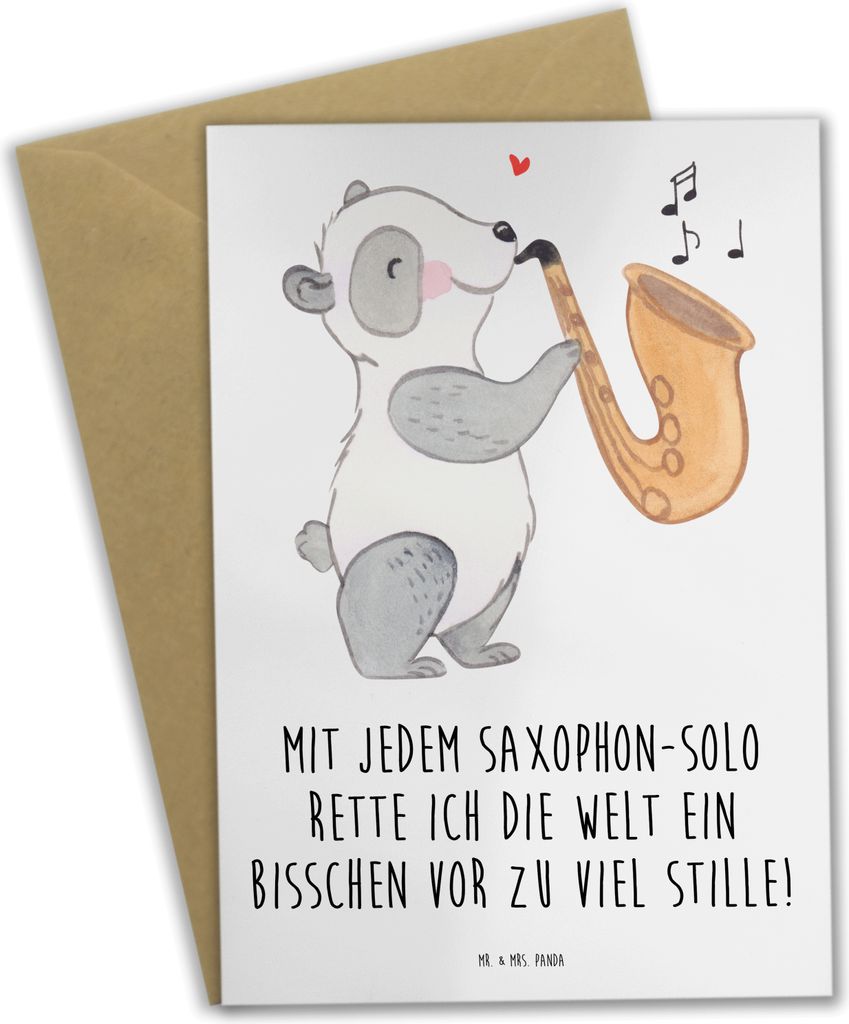 Mr. & Mrs. Panda Grußkarte Saxophon Magie - Weiß - Geschenk, Solo, Blues, weihnachtskarten, Musik, hochzeitskarten, Klangwelt, Technik, Lernen, G...