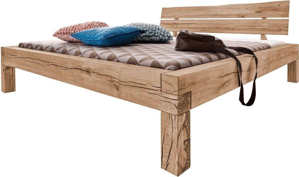 MASSIVMOEBEL24 Balkenbett Wildeiche 160x200 bianco geölt JANGALI #211