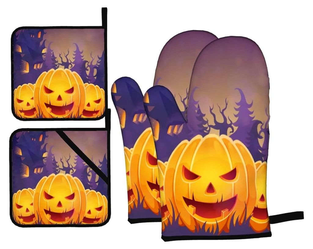 Ofenhandschuhe und Topflappen-Set, Dunkles Halloween-Kürbis-Muster, 4 Stück, für Backen und Grillen