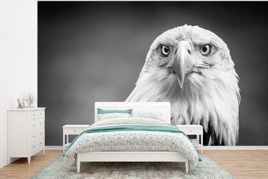 MuchoWow Fototapete für Wohnzimmer oder Schlafzimmer Wandtapete Vinyl Motivtapete Adler - Raubvogel - Schwarz - Weiß - Tiere - 295x220 cm - Wan...