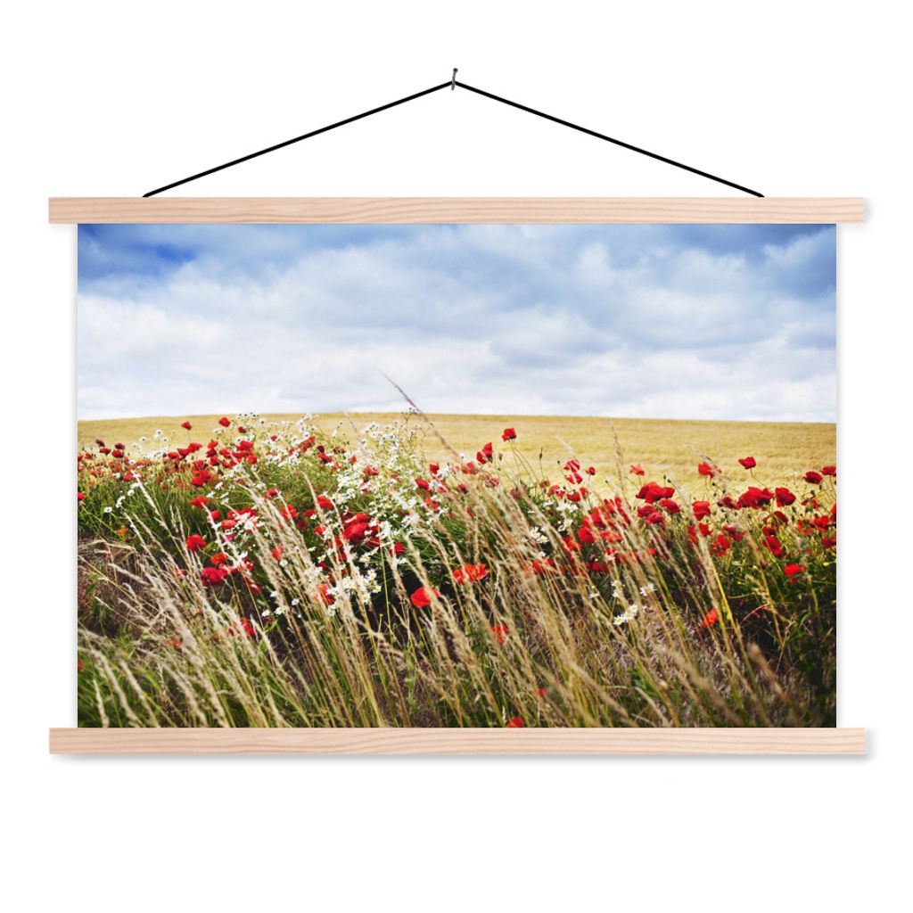 MuchoWow Textilposter Wolken - Blumen - Rot 120x80 cm mit holzfarbenen Rahmen - Aufhängeset