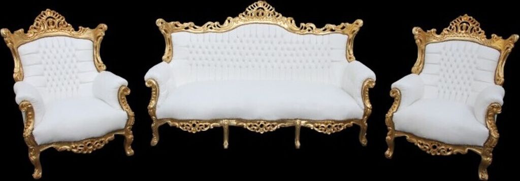 Casa Padrino Barock Wohnzimmer Set Master Weiss/ Gold Lederoptik - 3-er Sofa + 2 Sessel