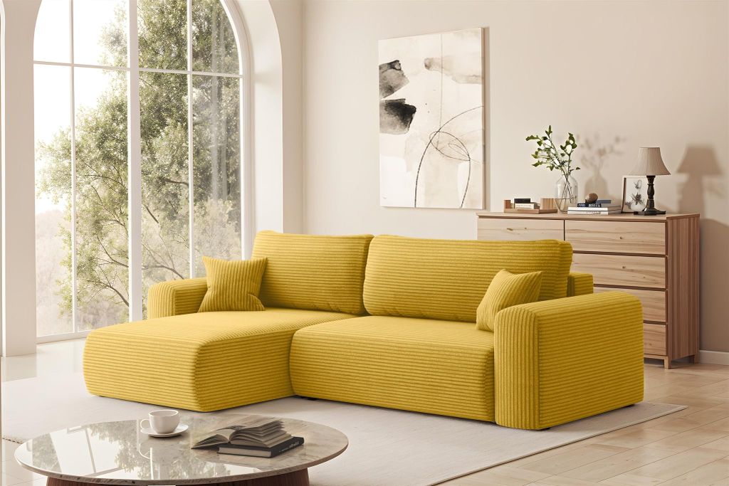 Ecksofa Schlafsofa FLORA Stoff Poso Honiggelb Ottomane Links