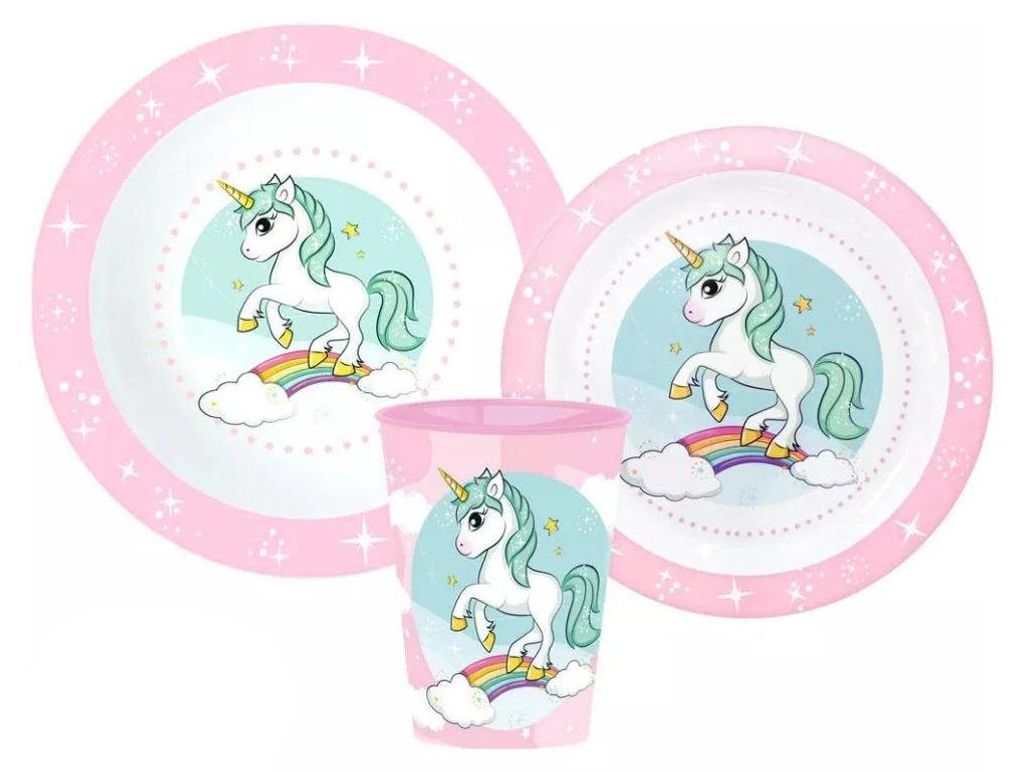 Einhorn Unicorn Kinder Geschirr-Set 3 tlg Becher Teller Produktbild 
