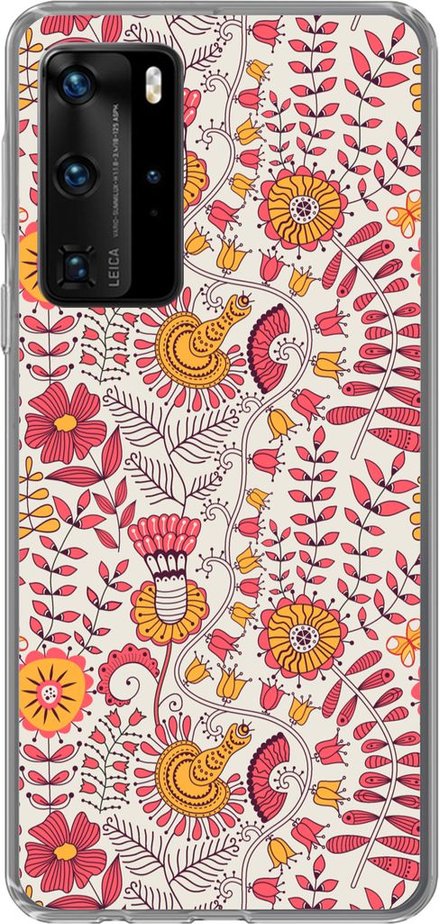 MuchoWow Handyhülle Schutzhülle Hülle für Telefoonhoesje Huawei P40 Pro Blumen - Design - Rosa - Orange Silikon Softcase Handy Hülle - Schutz