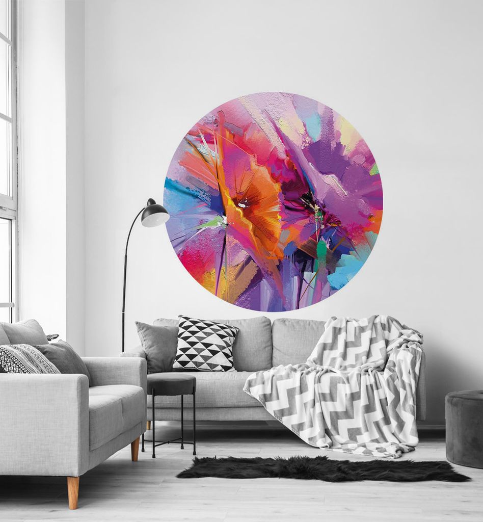 Fototapete bunte Blumen Malerei rund, Material:Superior Vlies 350g/qm, Größe Tapete:195cm rund