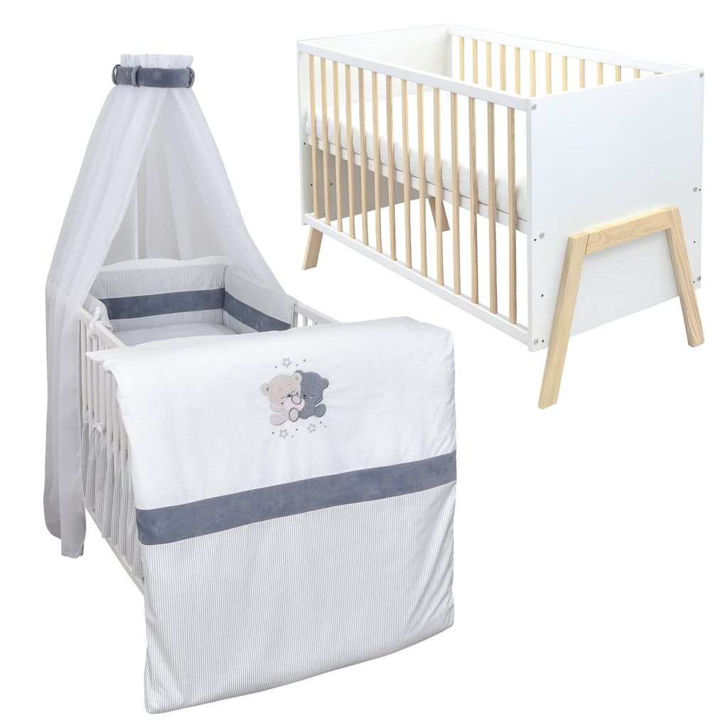 Babybett Kinderbett Gitterbett Juna 60x120 Weiß Schutzgitter Matratze Bettwäsche Set 10tlg Loving Bears