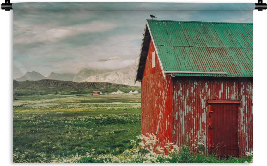 MuchoWow Wandteppich Wandbehang Hütte auf den Lofoten 120x80 cm Tapisserie Dekoration Wandtuch - Wanddekorationen - Wandtücher