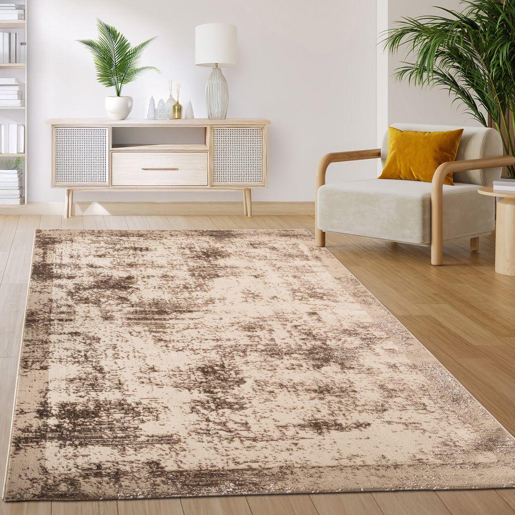 Teppich Wohnzimmer Schlafzimmer Kurzflor Vintage Orientalisch Abstraktes Muster beige Grösse 160x220 cm