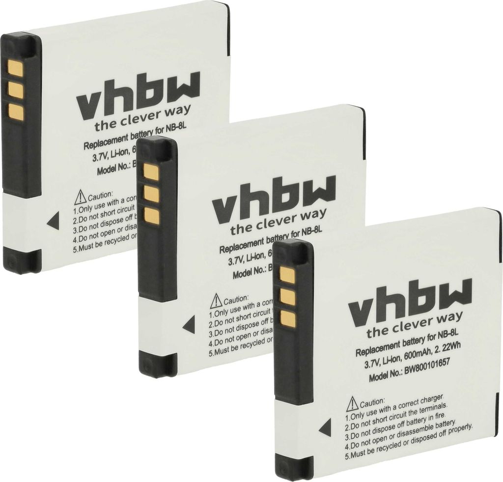 vhbw 3x Akku kompatibel mit Canon PowerShot A3200 IS, A3100 IS, A3150 IS, A3300 IS, A3000 IS, A3350 IS, A2200 Kamera (600 mAh, 3,6 V, Li-Ion)