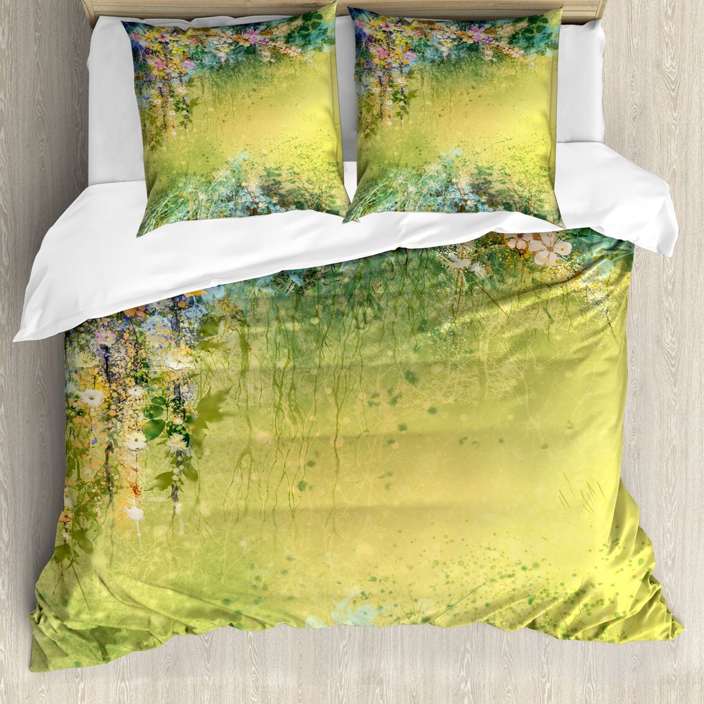 ABAKUHAUS Blume Bettbezug, Frühlings-Laub-Weinlese, Milbensicher Allergiker geeignet mit Kissenbezügen, 200 cm x 200 cm - 80 x 80 cm, Grün