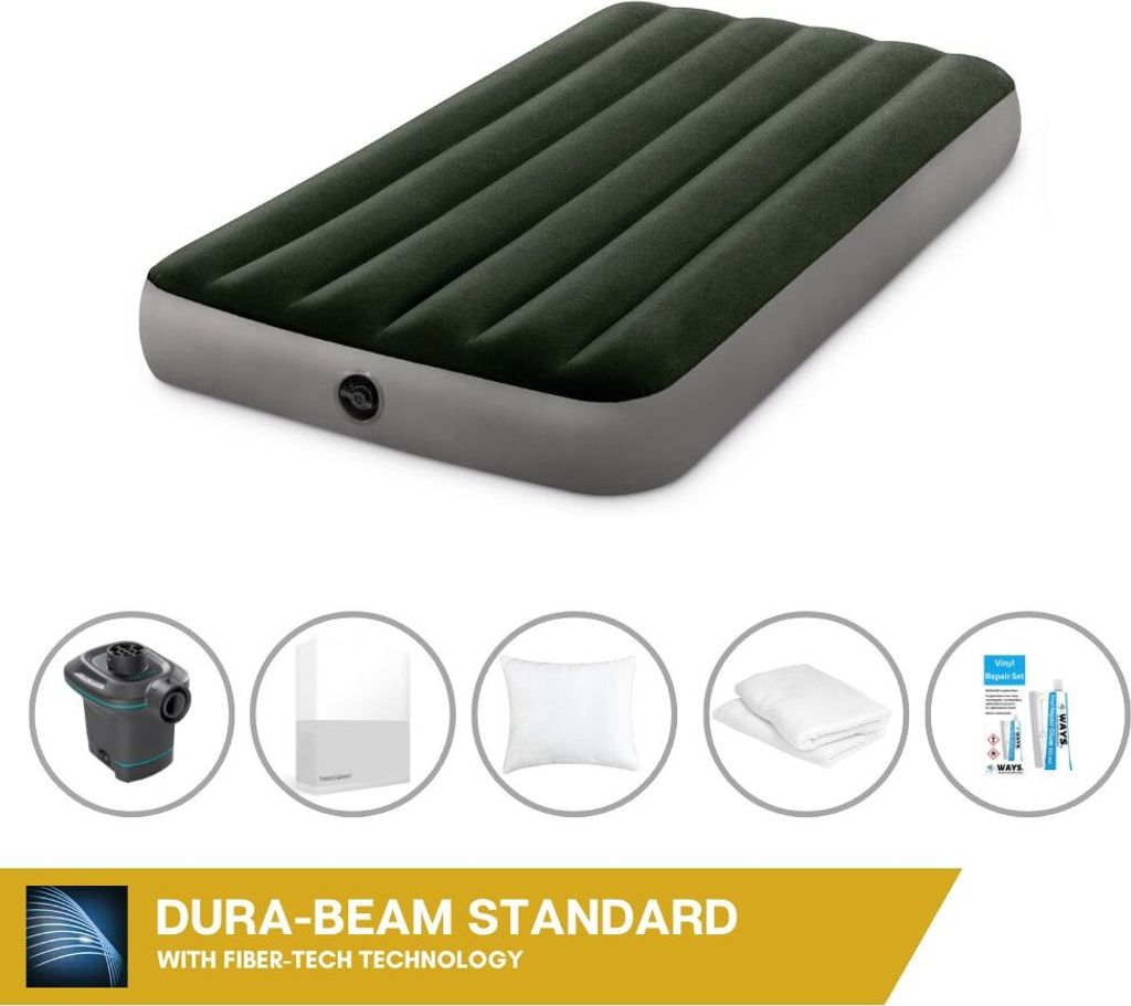 Intex Luftbett - 1 Person - 99 x 191 x 25 cm - Grün + Intex Elektropumpe - 650 Liter/Min + Spannbettlaken Weiß + Kopfkissen + Molton 2 in 1 Kisse...