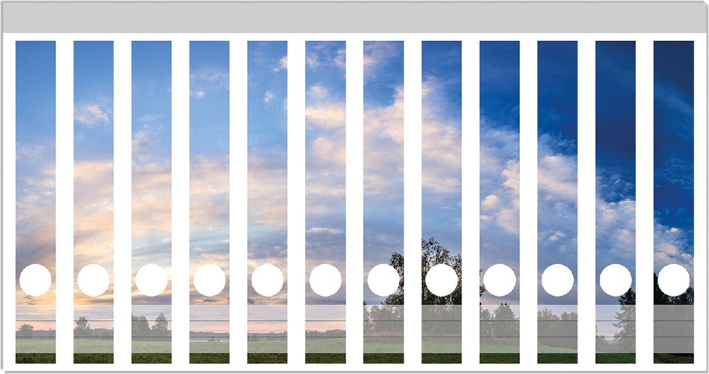 Wallario Ordnerrücken Sticker, selbstklebend für schmale Ordner, 12 Stück, Motiv Morgenhimmel über Wäldern und Wiesen