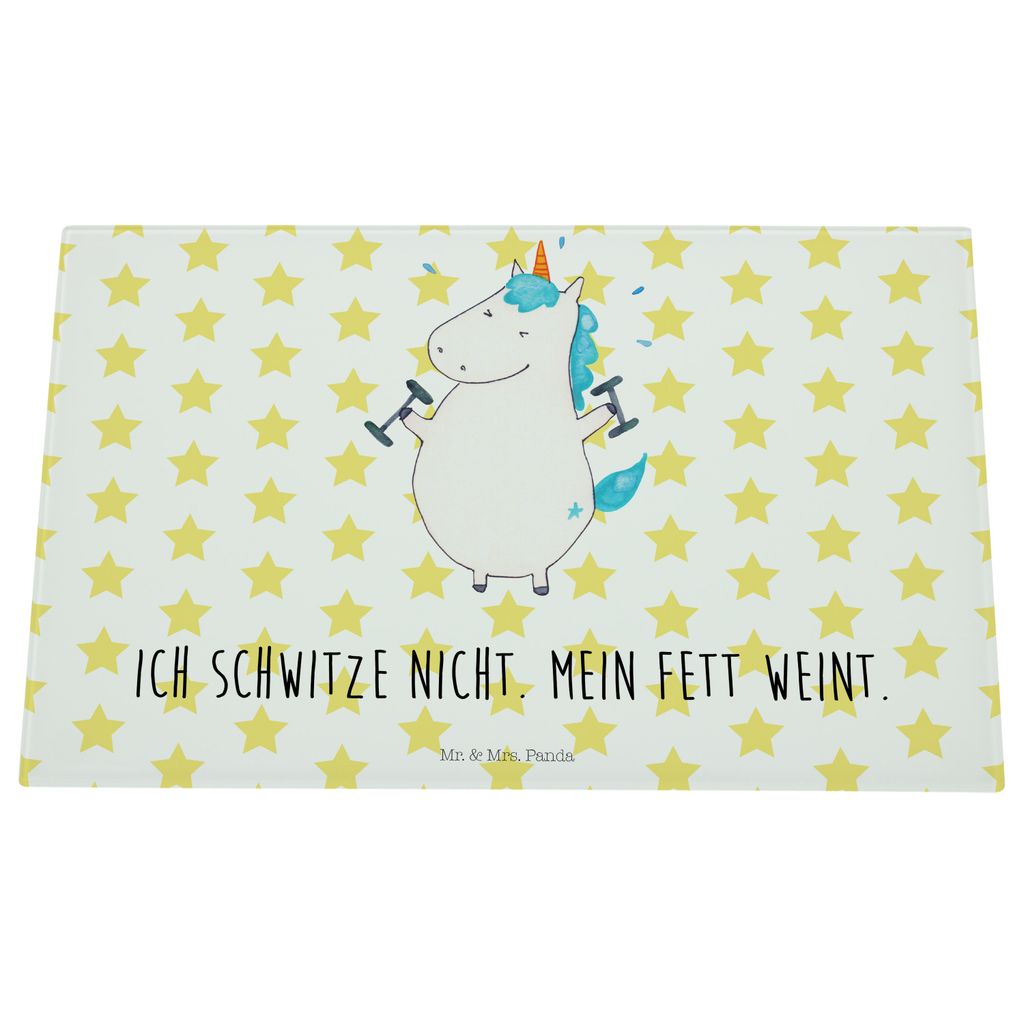 Mr. & Mrs. Panda Glasschneidebrett Einhorn Fitness - Weiß - Geschenk, schneidbrett, Schneidplatte Glas, Schneidebrett, schneidunterlage, Fitnessst...
