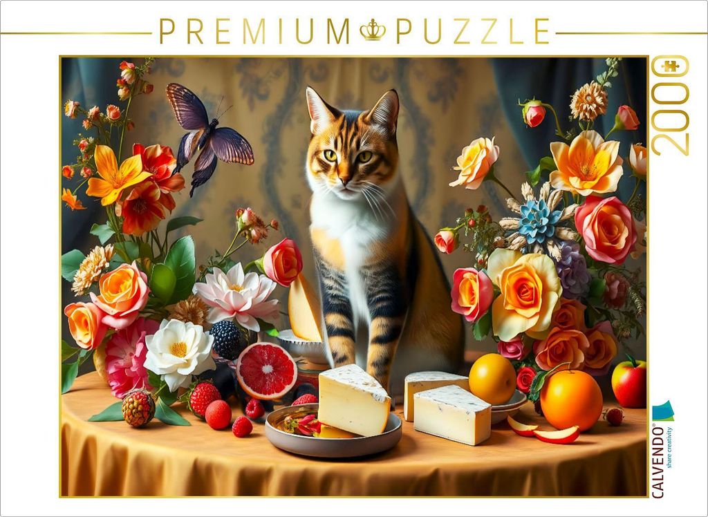 CALVENDO Puzzle Katze auf Tisch mit Blumen und Obst im Stil der Alten Meister | 2000 Teile Lege-Größe 90x67cm Foto-Puzzle für glückliche Stunden