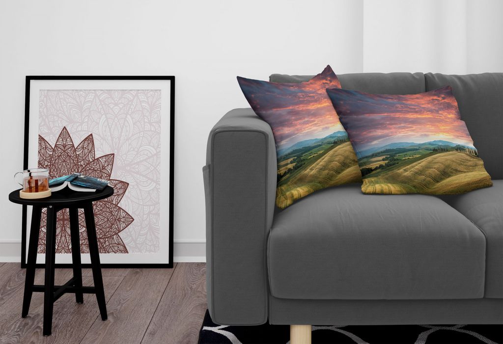 ABAKUHAUS Toskana Kissenbezug Set (2Stück), Toskana Italien Zypressen und Felder Crop Cloudy Sky Urlaubsziel, 60x60cm, Vermilion Khaki