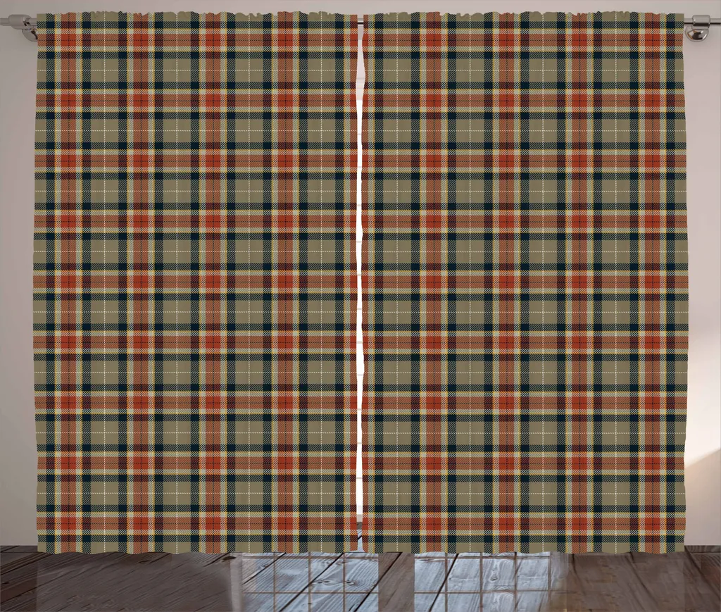 ABAKUHAUS Tenda rustica a quadri scozzesi, quadrati e linee diagonali, tenda con passanti e ganci per camera da letto, 280 x 175 cm, marrone chiaro blu scuro