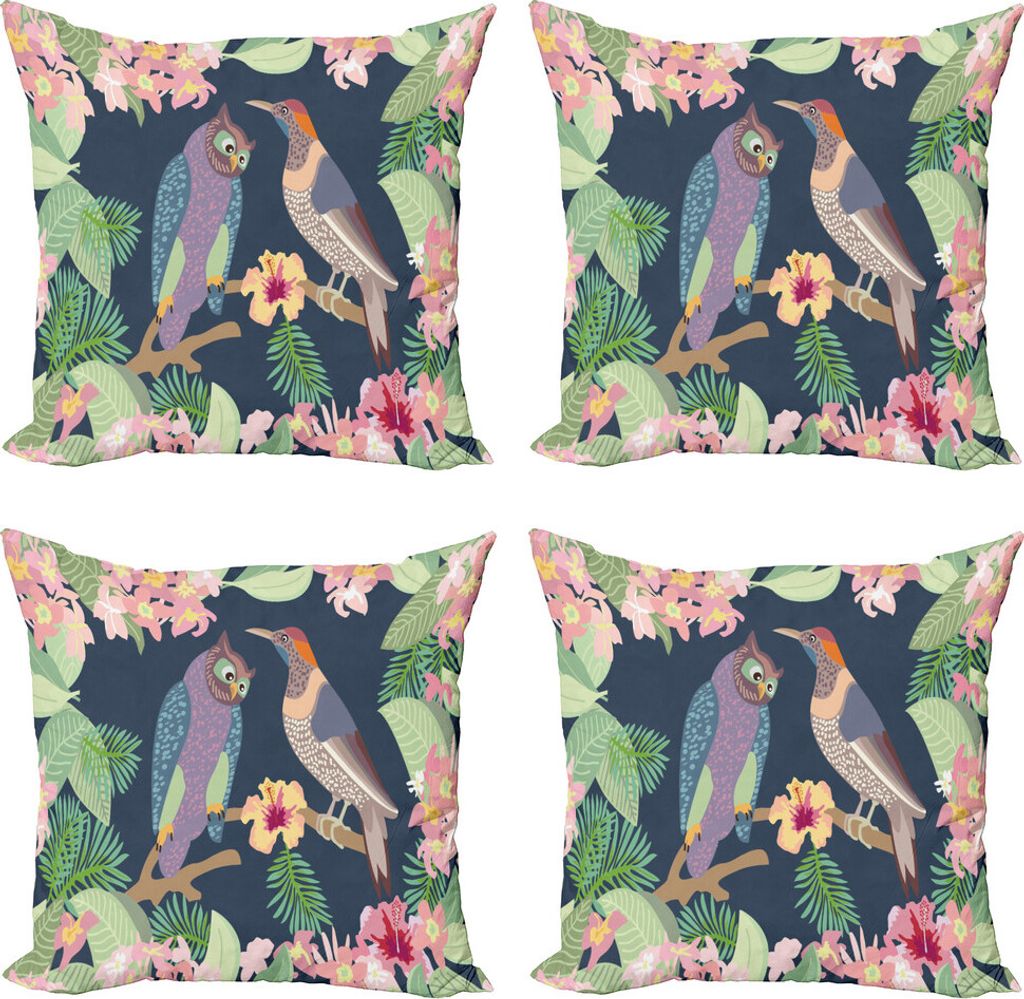 ABAKUHAUS Asian Blätter Kissenbezug Set (4 Stück), Exotische Vögel Owl Avian, Moderner Doppelseitiger Digitaldruck, 50 cm x 50 cm, Mehrfarbig
