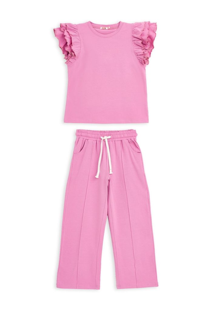 Mädchen Sommer Outfit -Lila - Mit Rüschenshirt und weiten Hosen - Bequem und stylisch Größe 140, Alter 10 Jahre