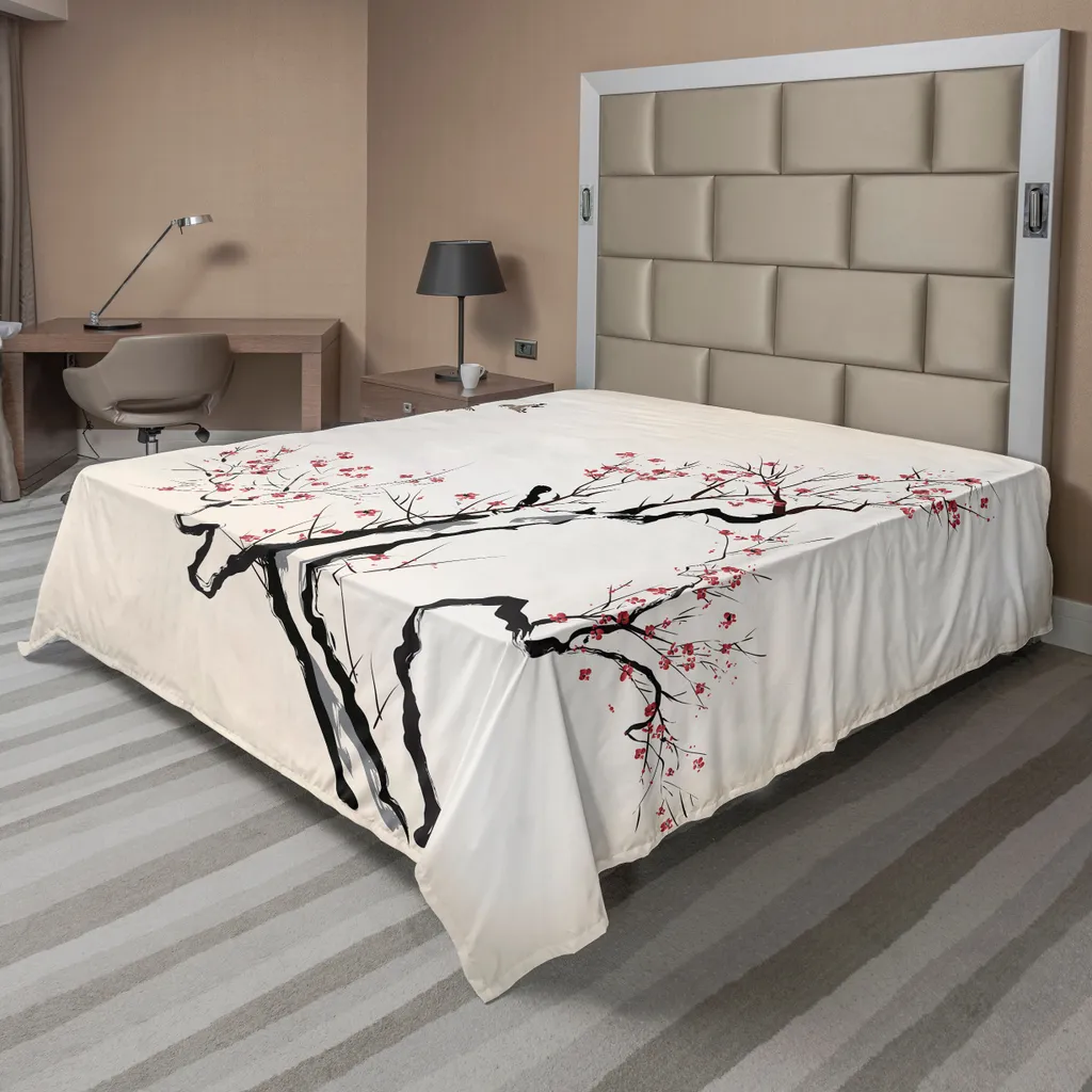 Lenzuolo Sopra ABAKUHAUS Fiori e Uccelli Asiatici Grigio Bianco 205x244