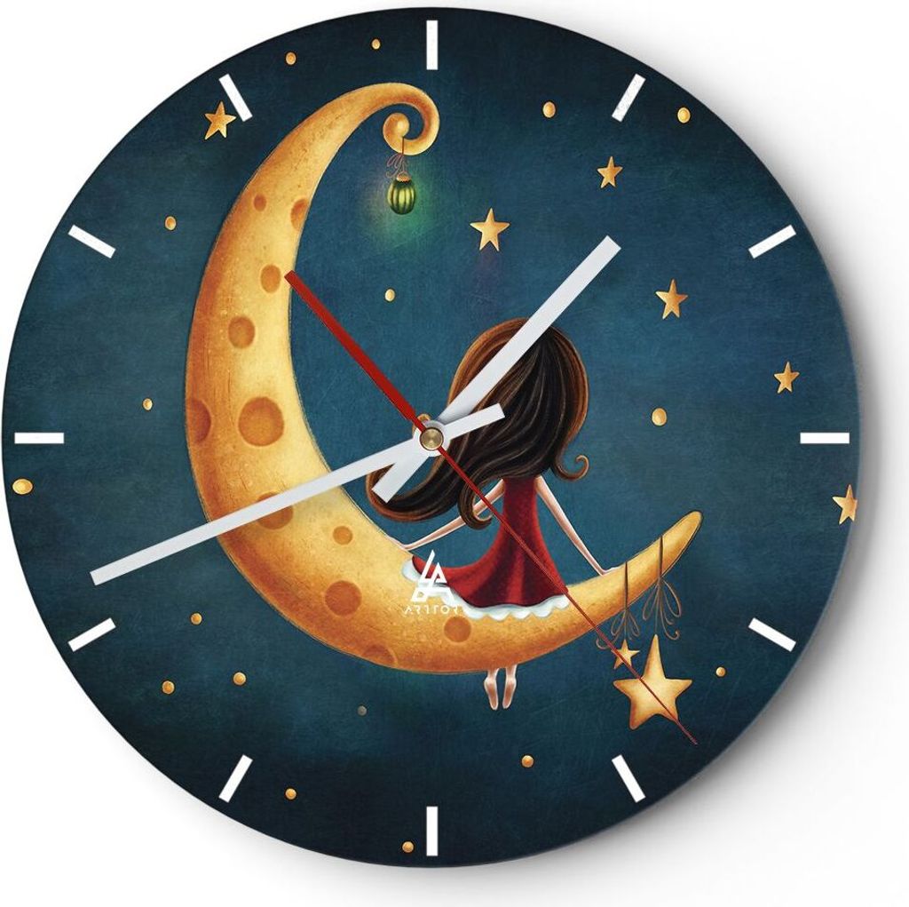 Wanduhr - Rund - Glasuhr - Kinder Mädchen Mond - 30x30cm - Schleichendes Uhrwerk - Lautlos - zum Aufhängen bereit - Dekoration Modern - Wanddekor...