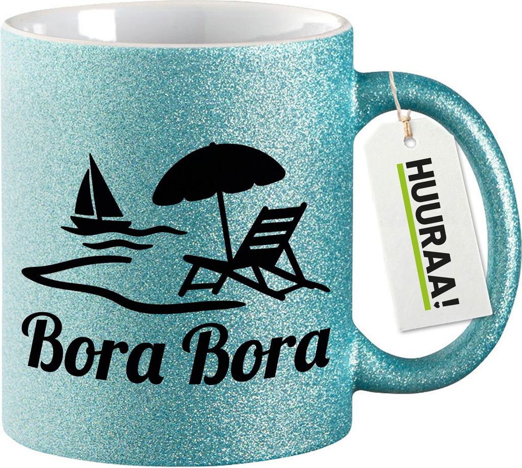 Huuraa Glitzertasse Bora Bora Inselmotiv Französisch-Polynesien 330ml Blau Keramik Kaffeebecher Geschenkidee