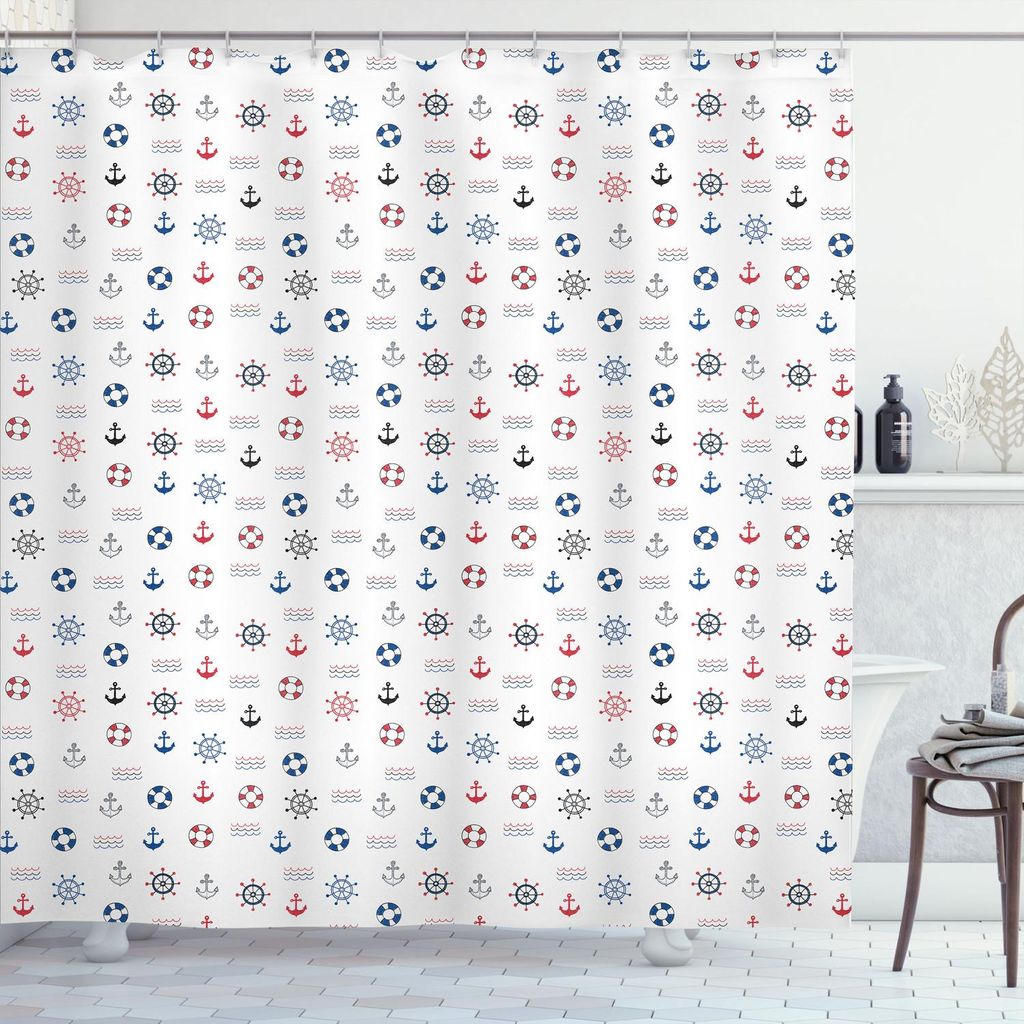 ABAKUHAUS Nautisch Duschvorhang, Marine Elements Featured Rettungsring Anker Kompass Meereswellen Kids Nursery Theme, 175 x 220 cm, Blau und rot