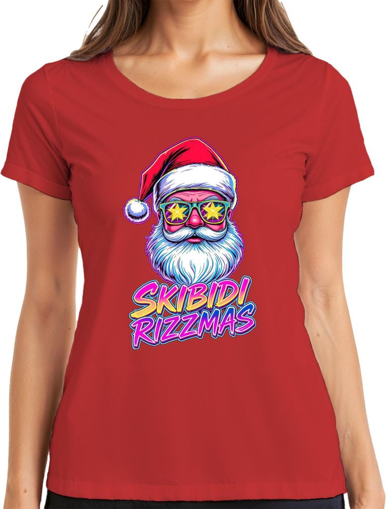 SKIBIDI RIZZMAS Weihnachtsmann Neon Brille Retro 80er Party Lusti Damen T-Shirt, Rot, S