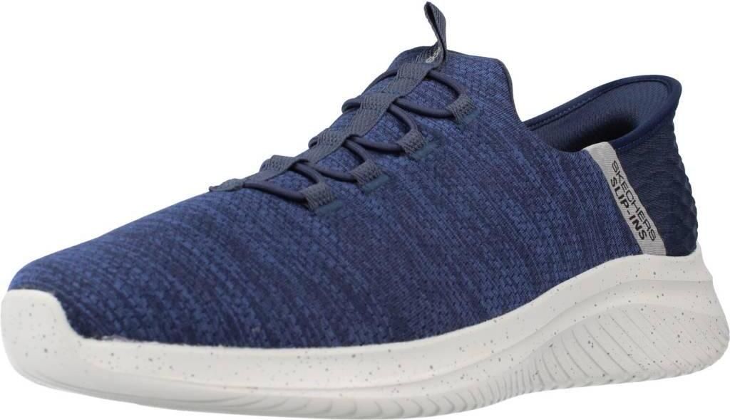 A blue Skechers slip-on shoe is shown against a white background.
