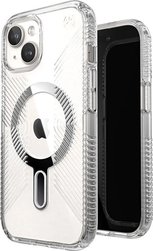 Speck Presidio iPhone 15: Protezione MagSafe ClickLock Argento Sierico